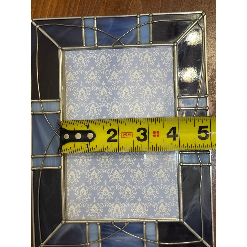 Blue Stained Glass Photo Frame Geometric Slag Glass 4x6 Tabletop Decor Silver